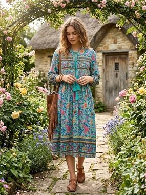 R.Vivimos Boho Floral Tassel Midi Dress Teal Pink Cottagecore Size M